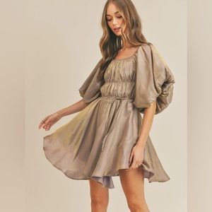 Mocha Gold Metallic Bubble Sleeve Flared Mini Dress